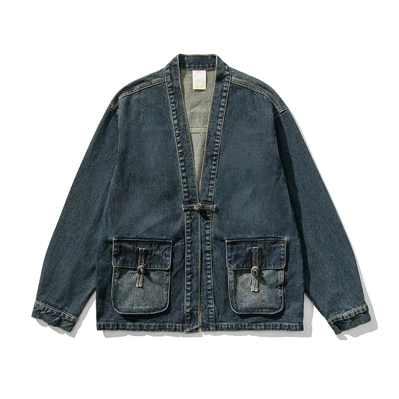 Denim Kimono Jacket Men Fashion Casual Jeans Jackets Coats Male Chinese Style Button Denim Jacket Vintage Hip Hop Loose Outwear