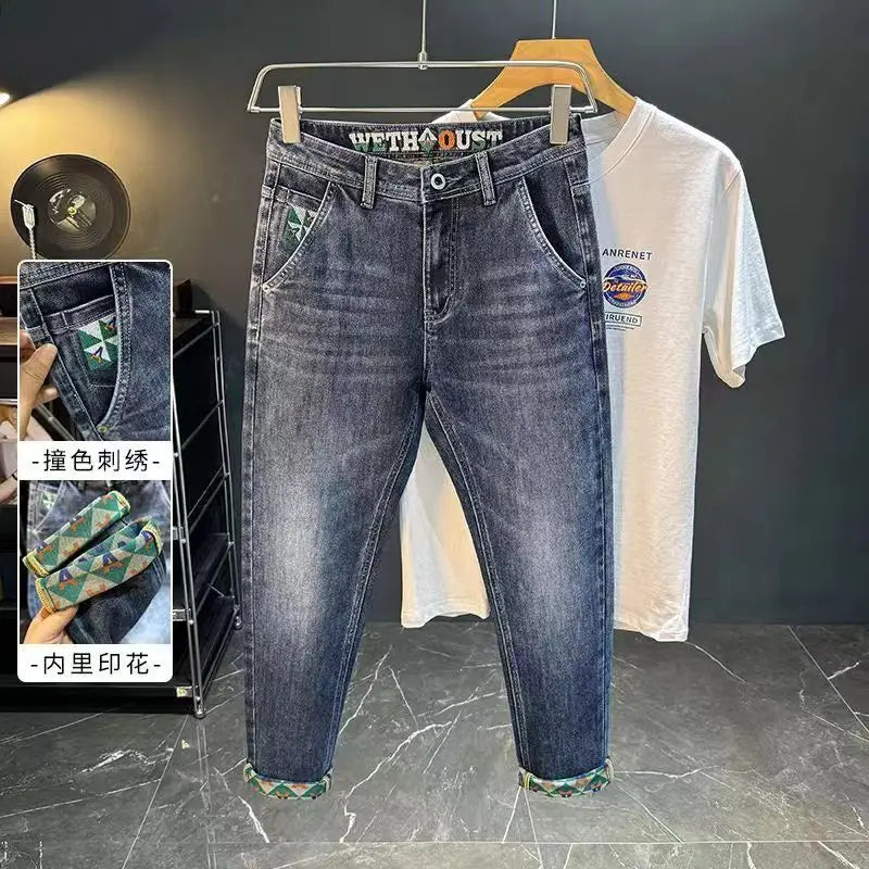Korean Fashion Summer Jeans New Men's Embroidered Pocket Zipper Washed Streetwear Vintage Casual Elastic Slim Straight Pants