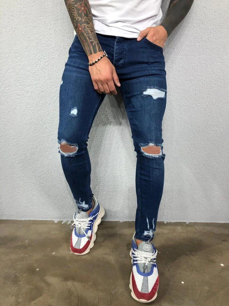Jeans For Men 2022 Gradient Color Ripped White Dots Jeans Male Motor Biker Skinny Jeans Homme Men's Clothing Zipper Denim Pants