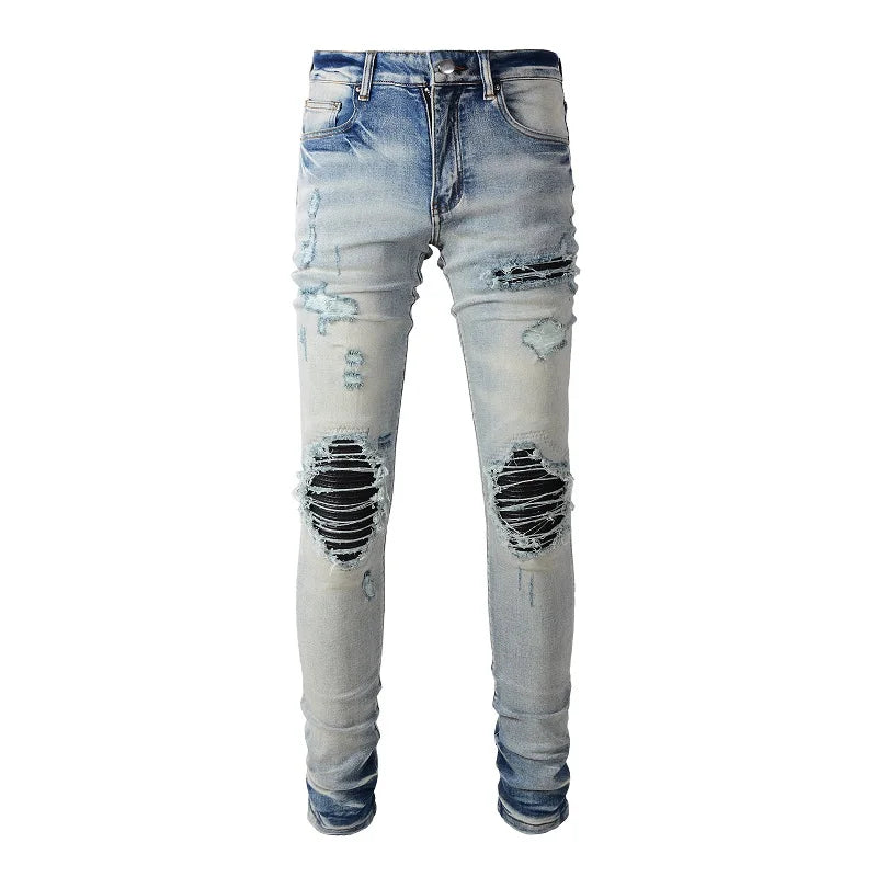 Men Leather Pleated Patches Biker Jeans Streetwear Skinny Tapered High Stretch Denim Pants Holes Ripped Distressed Trousers