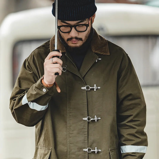 Maden Vintage Corduroy Turn-down Trench Coat for Men Autumn Dark Green Mid-length Jacket Men's Loose-fit Outerwear Streetwear