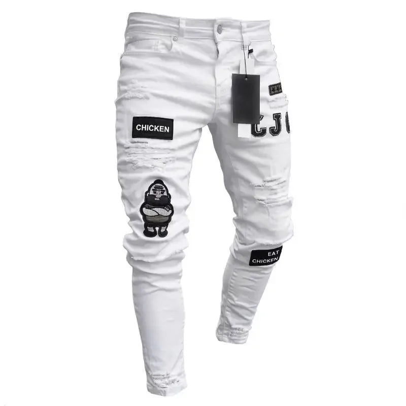 Jeans For Men 2022 Gradient Color Ripped White Dots Jeans Male Motor Biker Skinny Jeans Homme Men's Clothing Zipper Denim Pants
